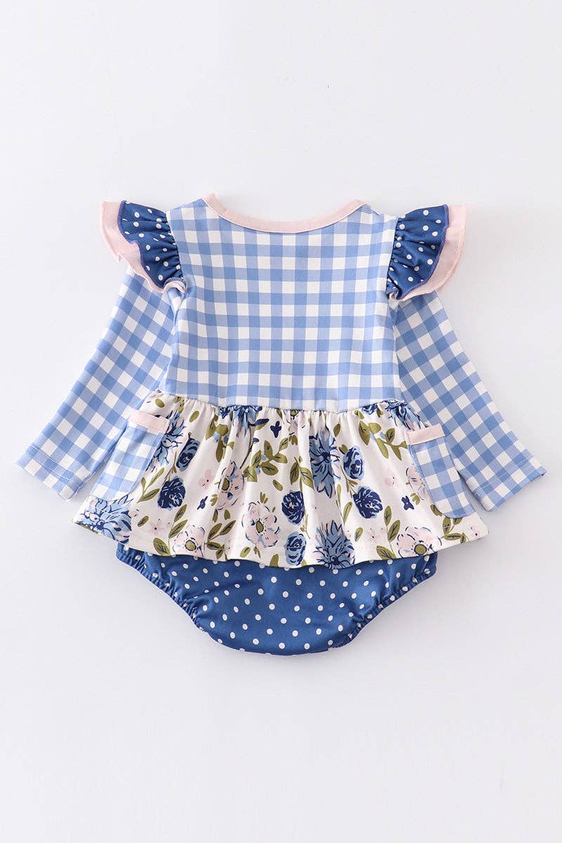 Blue plaid floral ruffle baby girl romper