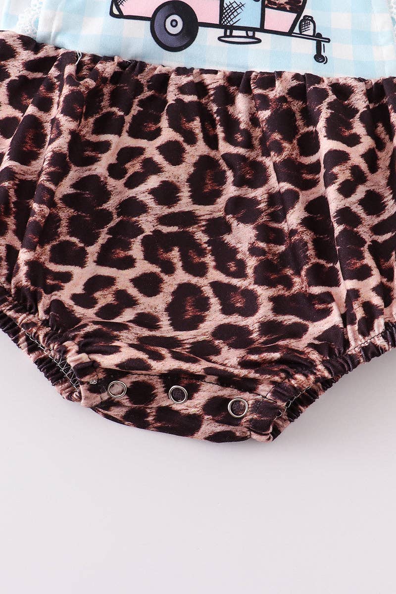 Blue plaid leopard camper baby romper