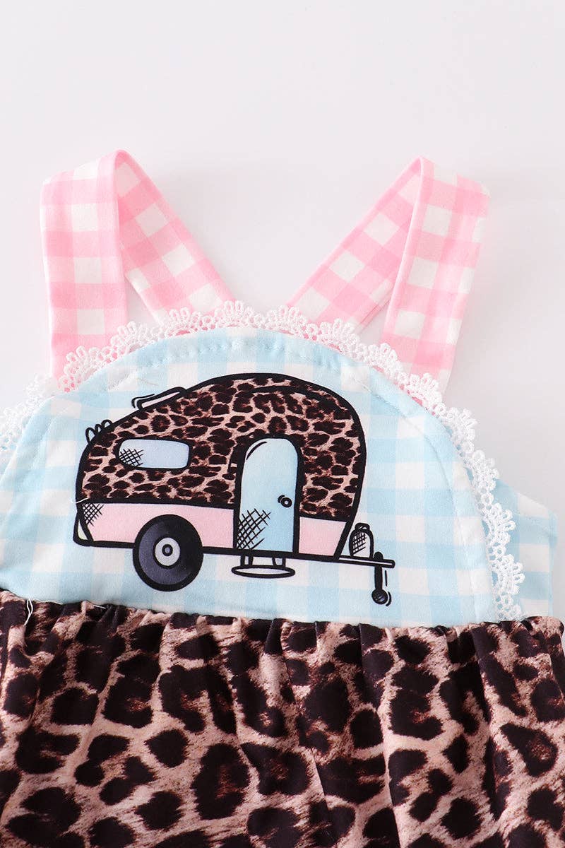 Blue plaid leopard camper baby romper