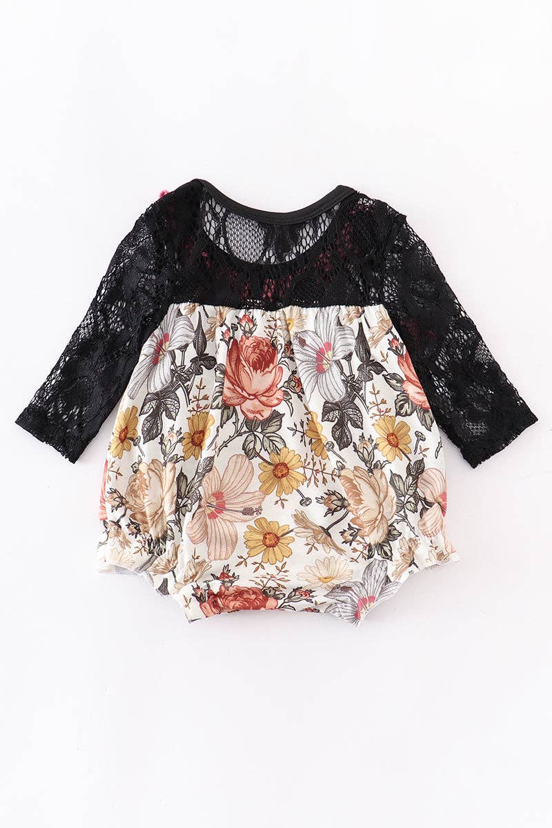 Black floral girl baby romper