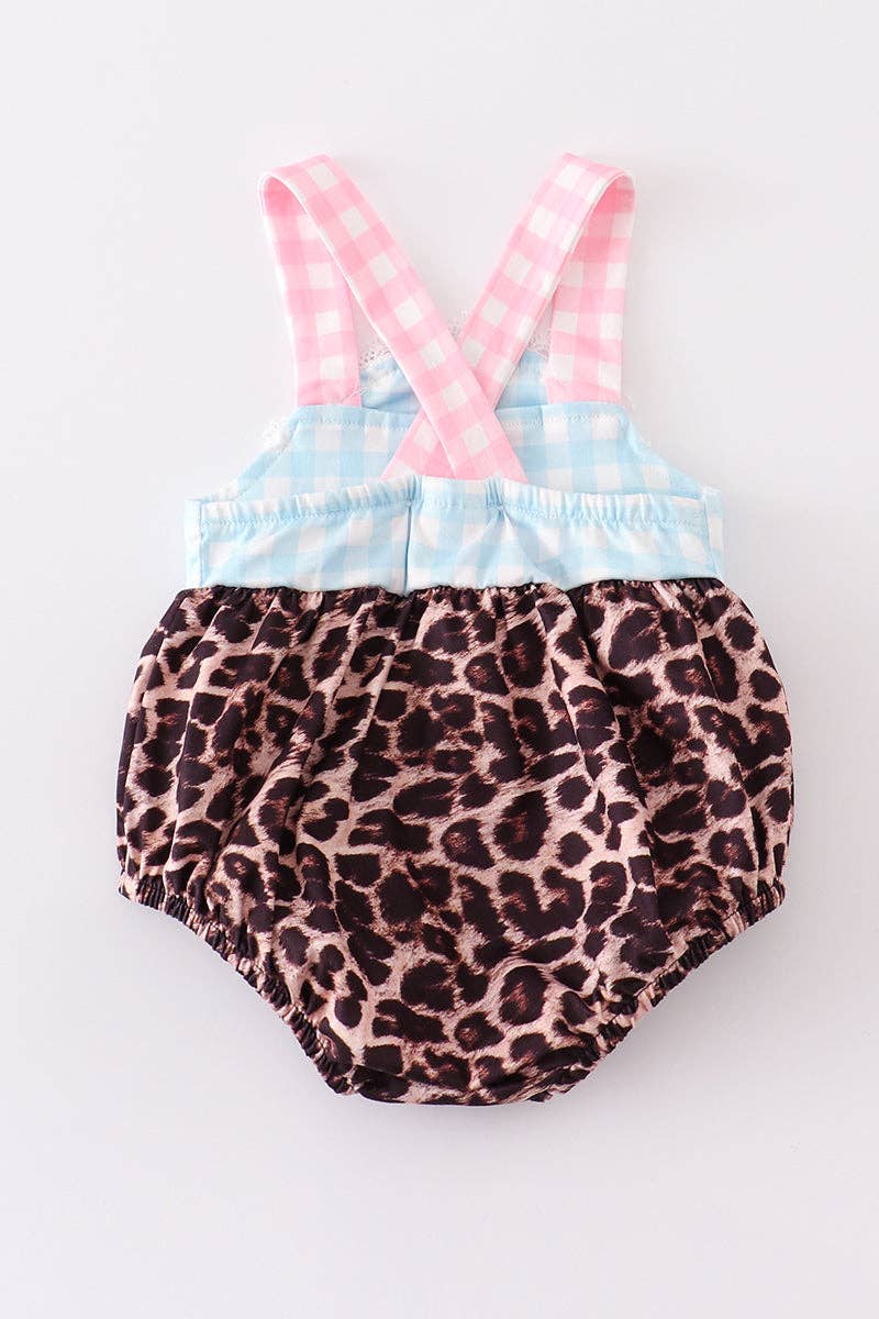 Blue plaid leopard camper baby romper