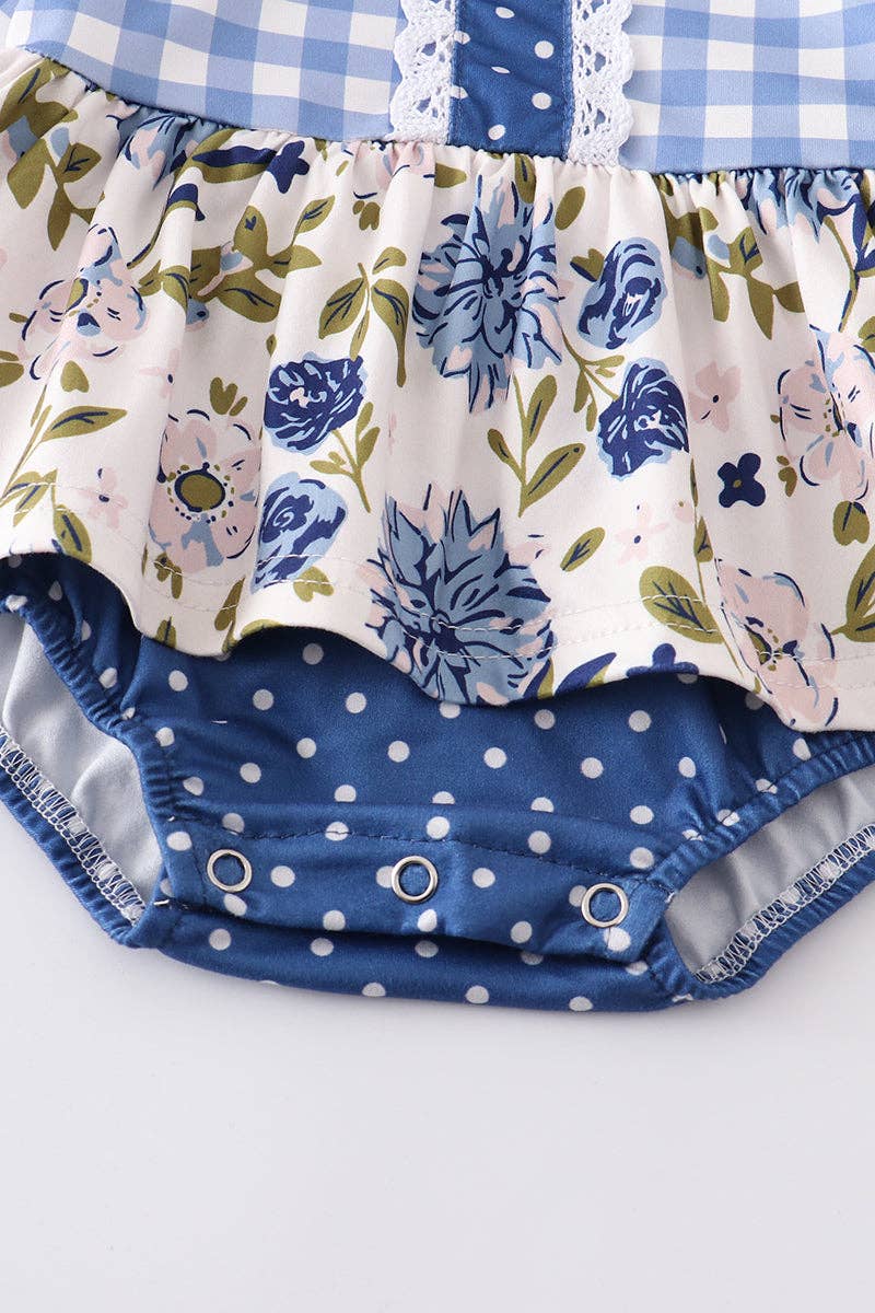 Blue plaid floral ruffle baby girl romper