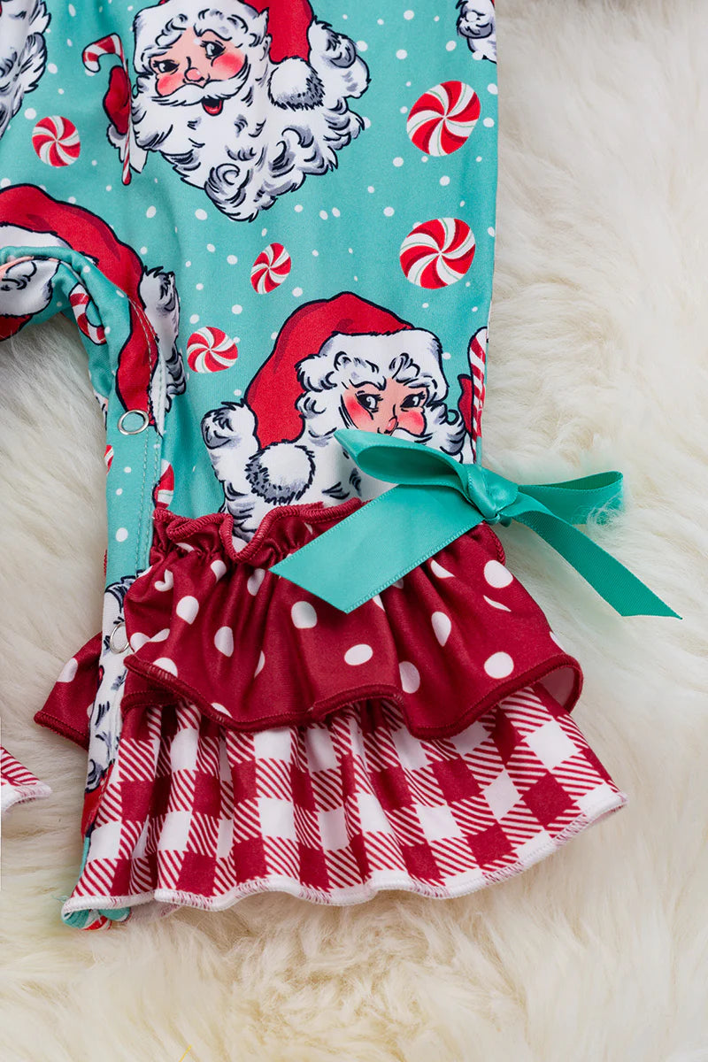 Mint & Navy-blue Santa printed ruffle romper.