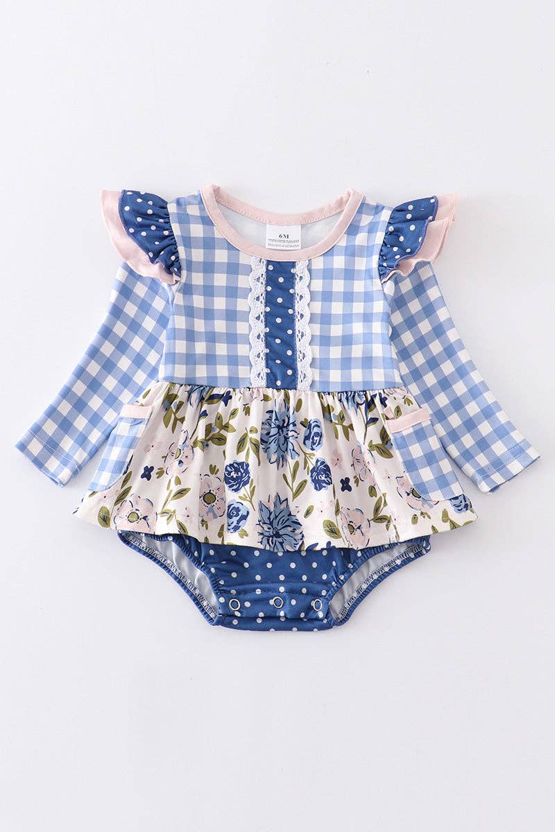 Blue plaid floral ruffle baby girl romper