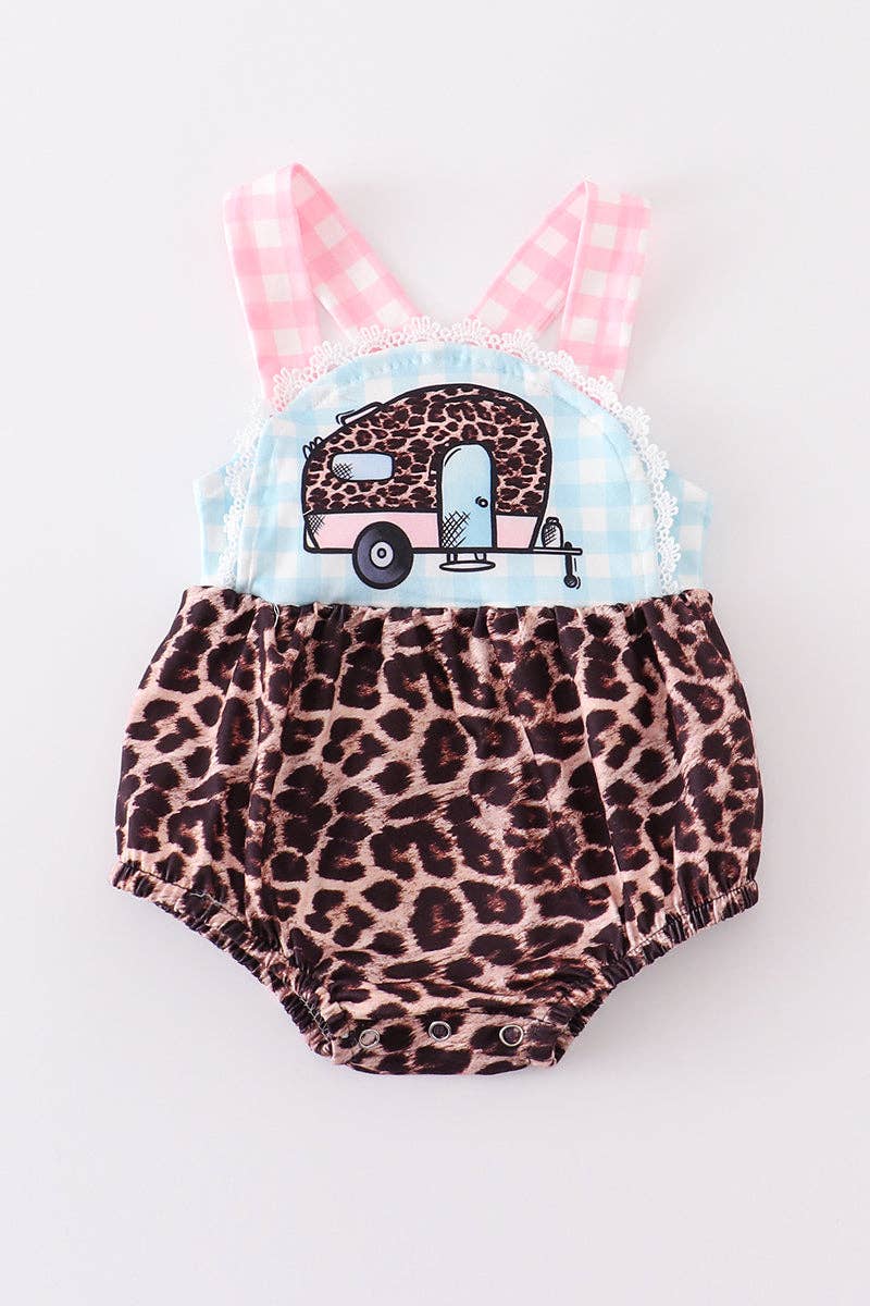 Blue plaid leopard camper baby romper