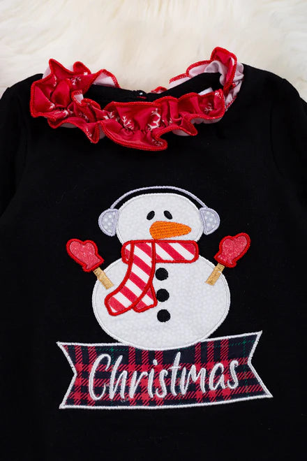 CHRISTMAS EMBROIDERED SNOWMAN RUFFLE ROMPER WITH SNAPS.