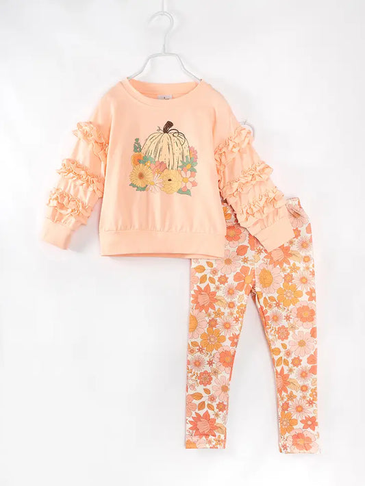 Coral Pumpkin Floral Ruffle Girl Bottom Set