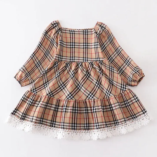 Tan Plaid Tiered Lace Dress