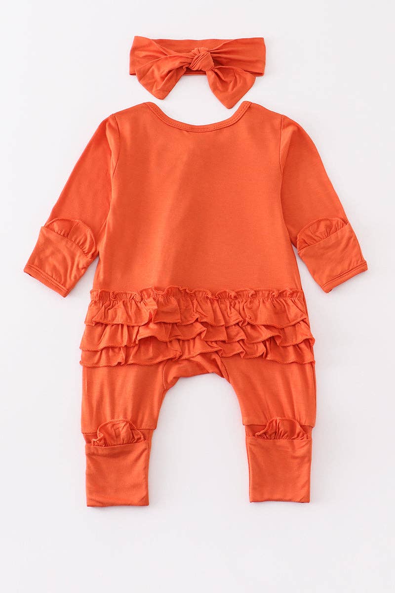 Orange bamboo ruffle zipper 2pc baby romper