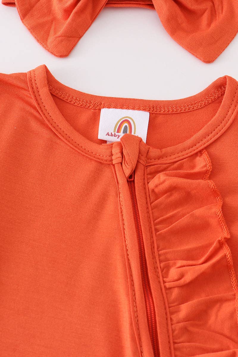 Orange bamboo ruffle zipper 2pc baby romper