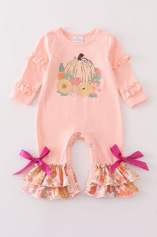 Coral pumpkin floral ruffle girl romper