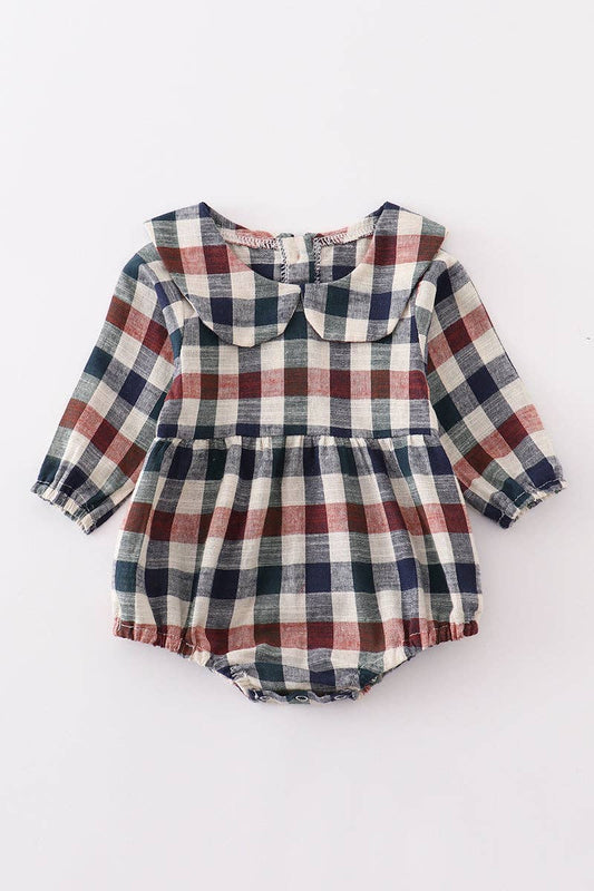 Navy vintage plaid baby girl romper