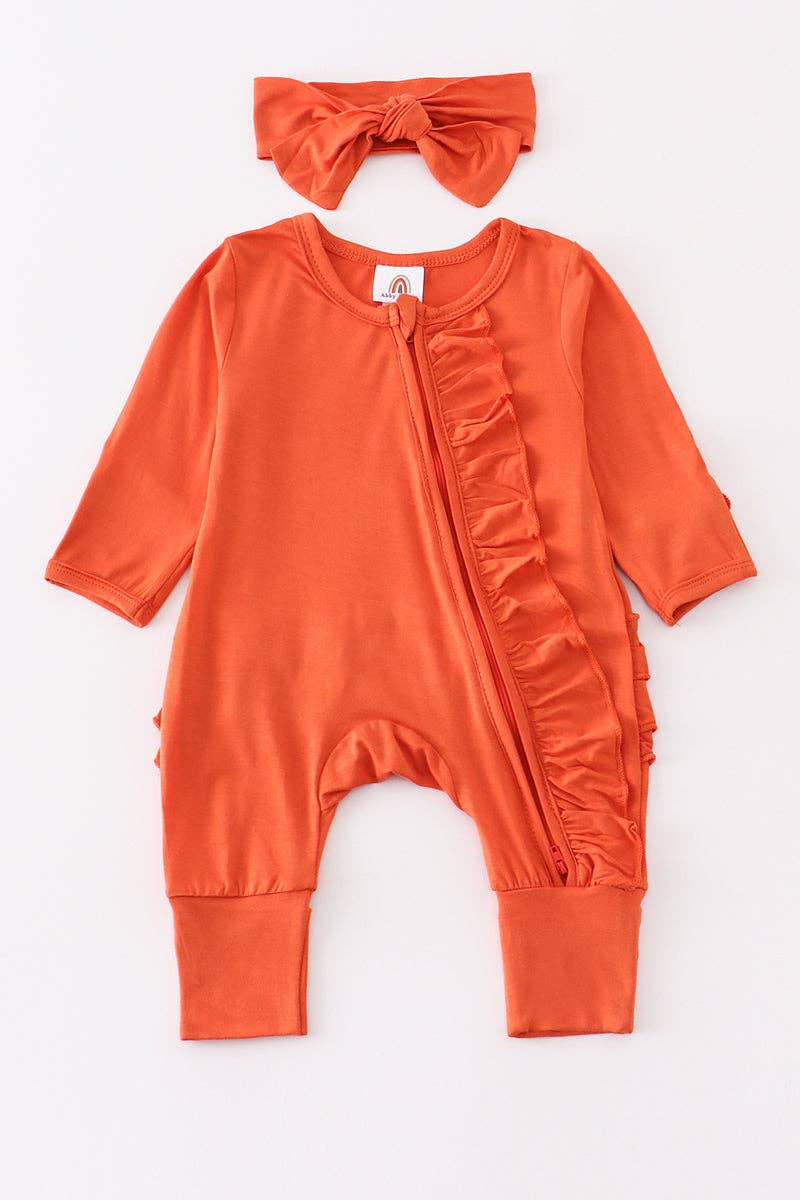 Orange bamboo ruffle zipper 2pc baby romper