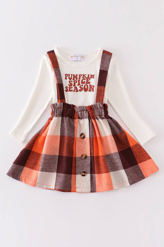 Pumpkin space season plaid girl skirt set