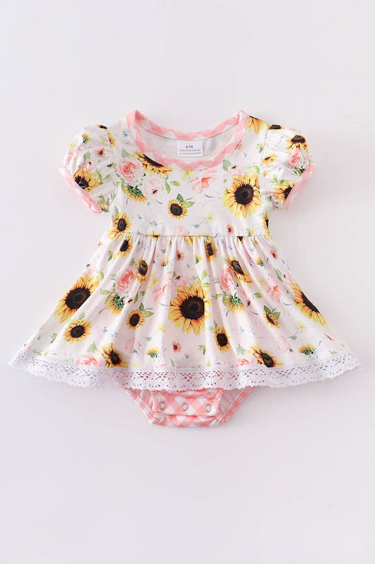 Coral sunflower print ruffle baby romper