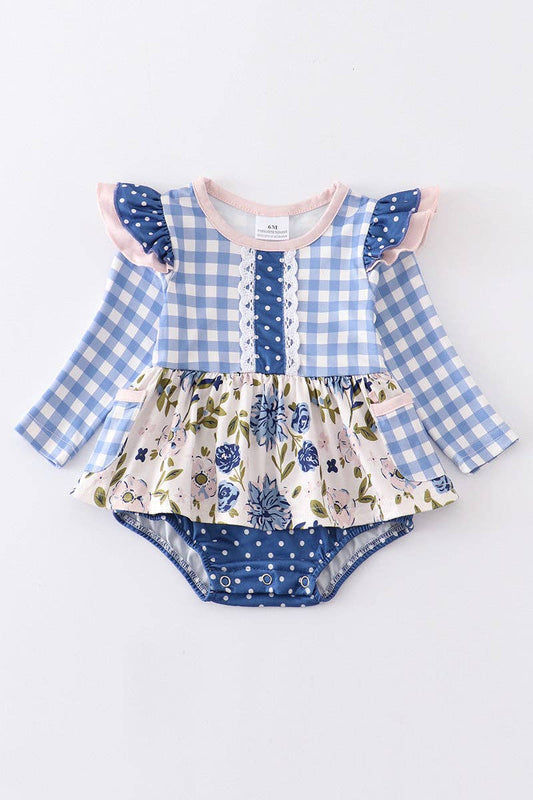 Blue plaid floral ruffle baby girl romper