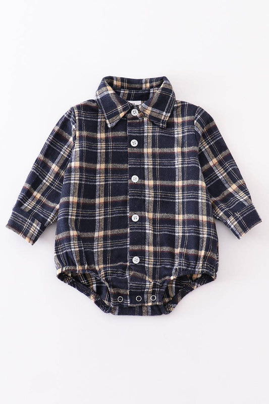 Navy plaid button down boy romper