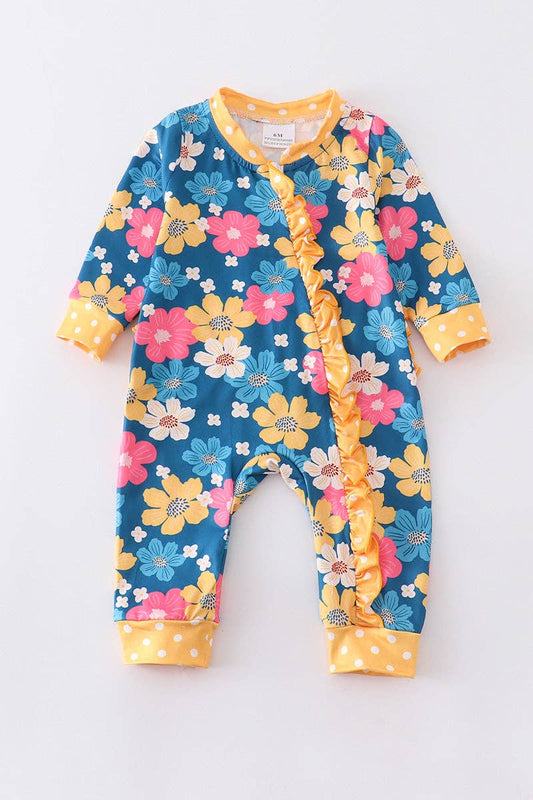 Mustard floral print ruffle baby romper