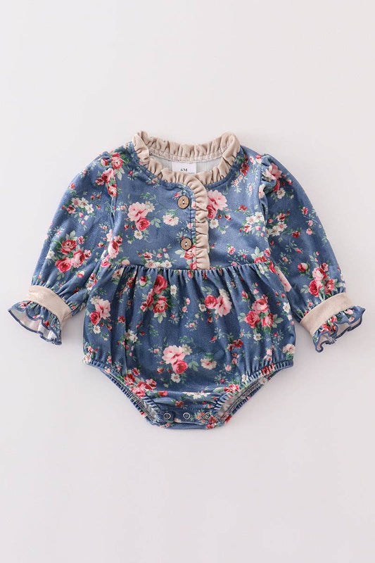 Navy floral print velvet baby girl romper